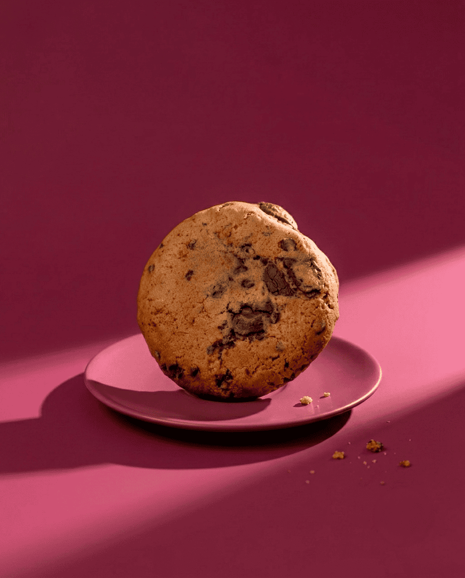 Cookie Chocolate Candela Rolls Studio 9 Galleta con chispas de chocolate en plato rosa sobre fondo rosa oscuro.