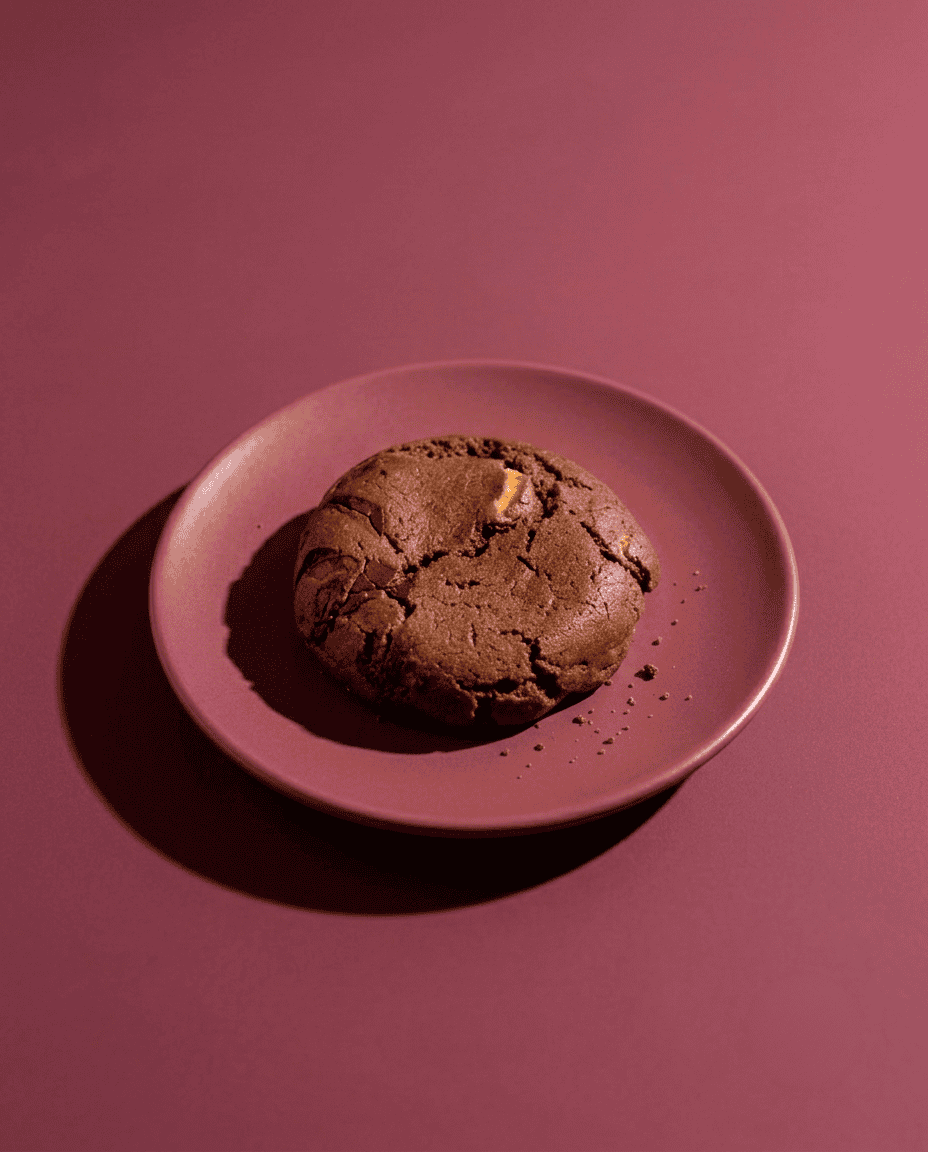Cookie Triple Chocolate Candela Rolls Studio 5 Galleta de chocolate en plato rosa sobre fondo rosa.