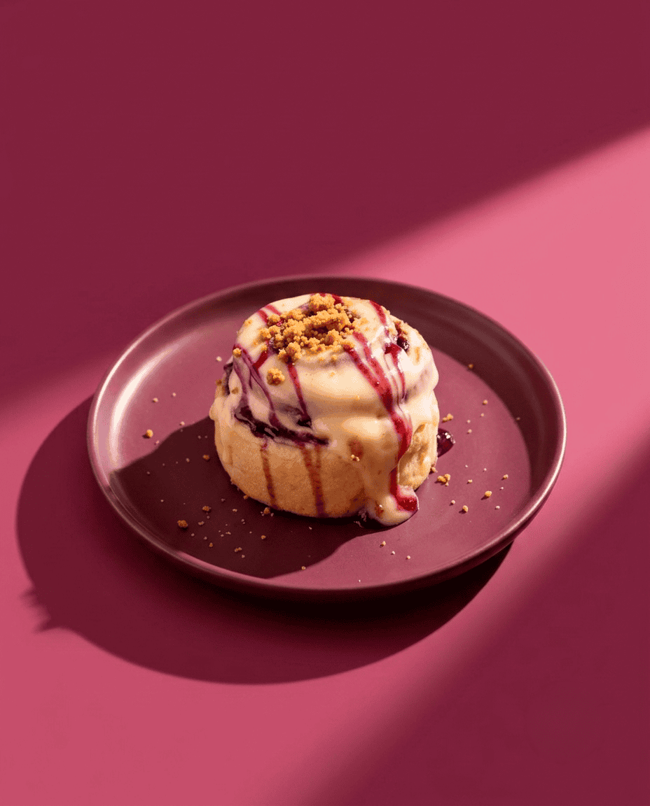 Rol de Frambuesa Candela Rolls Studio 4 Helado de vainilla con salsa de fresa y crumble en plato rosa.