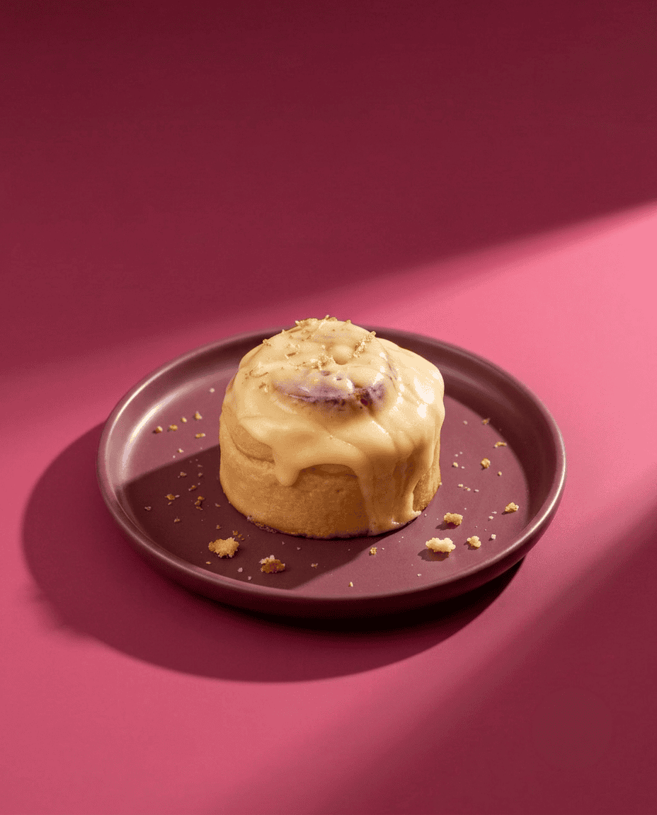 Roll de Lima-Limón Candela Rolls Studio 1 Dulce de leche con topping de pistacho en plato gris sobre fondo rosa.