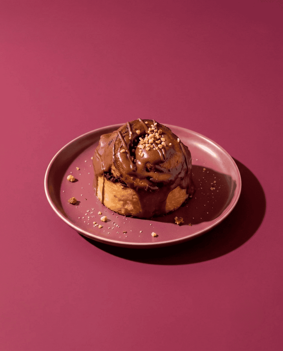 Roll de Nutella Candela Rolls Studio 3 Postre de chocolate con toppings en plato rosa sobre fondo rosa.